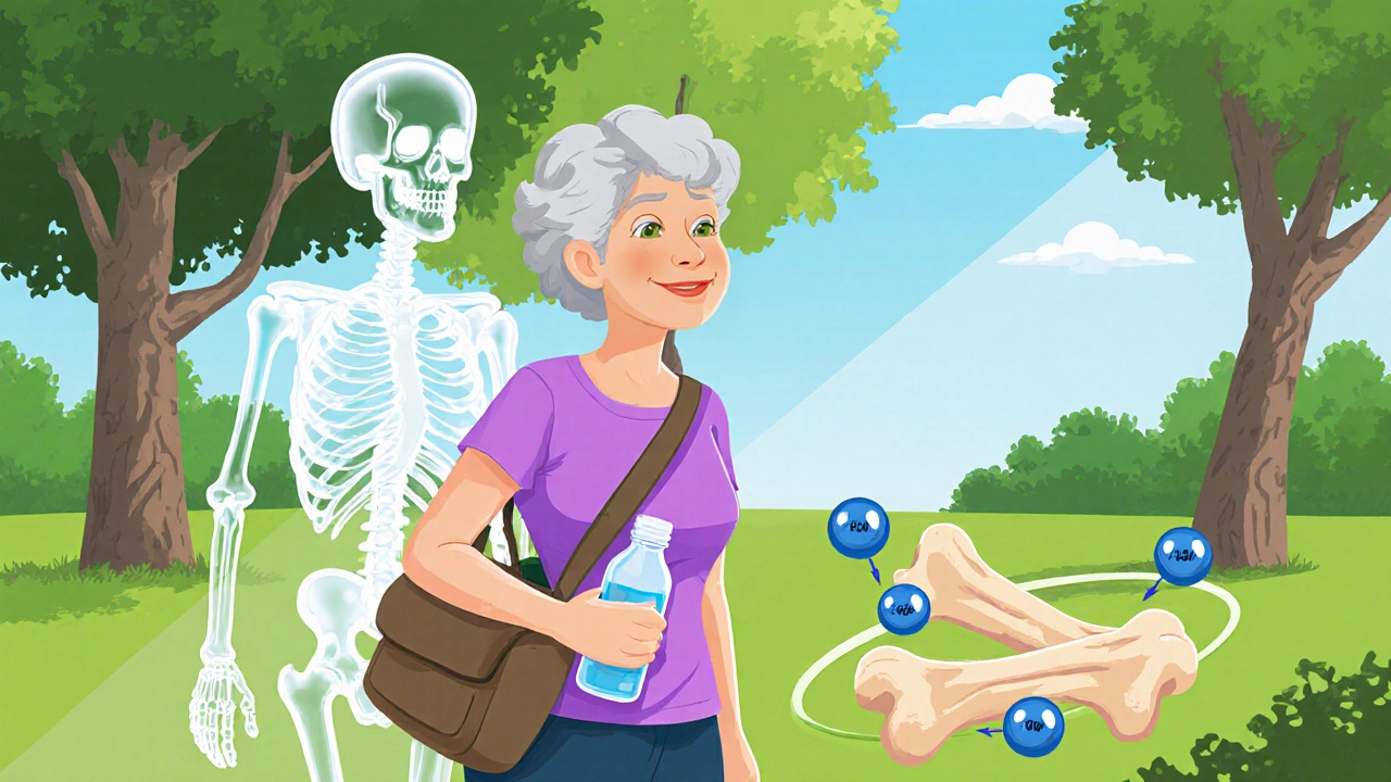 Active senior woman walking in a park with glowing healthy bones and a magnesium hydroxide bottle nearby.