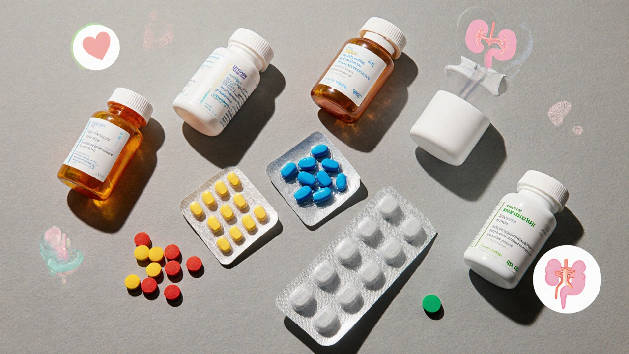 Assorted NSAID pills with subtle organ icons representing heart, stomach, and kidney.