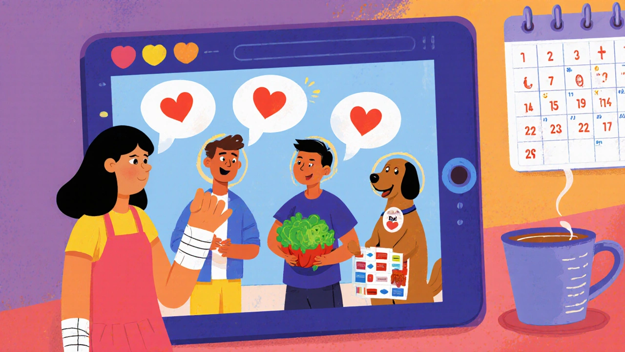 Cartoon characters chat warmly on a tablet screen, surrounded by hearts, while a tea cup and calendar sit beside them.