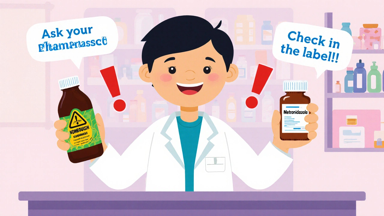 Cartoon pharmacist showing kombucha and a pill bottle with warning signs and tip bubbles.