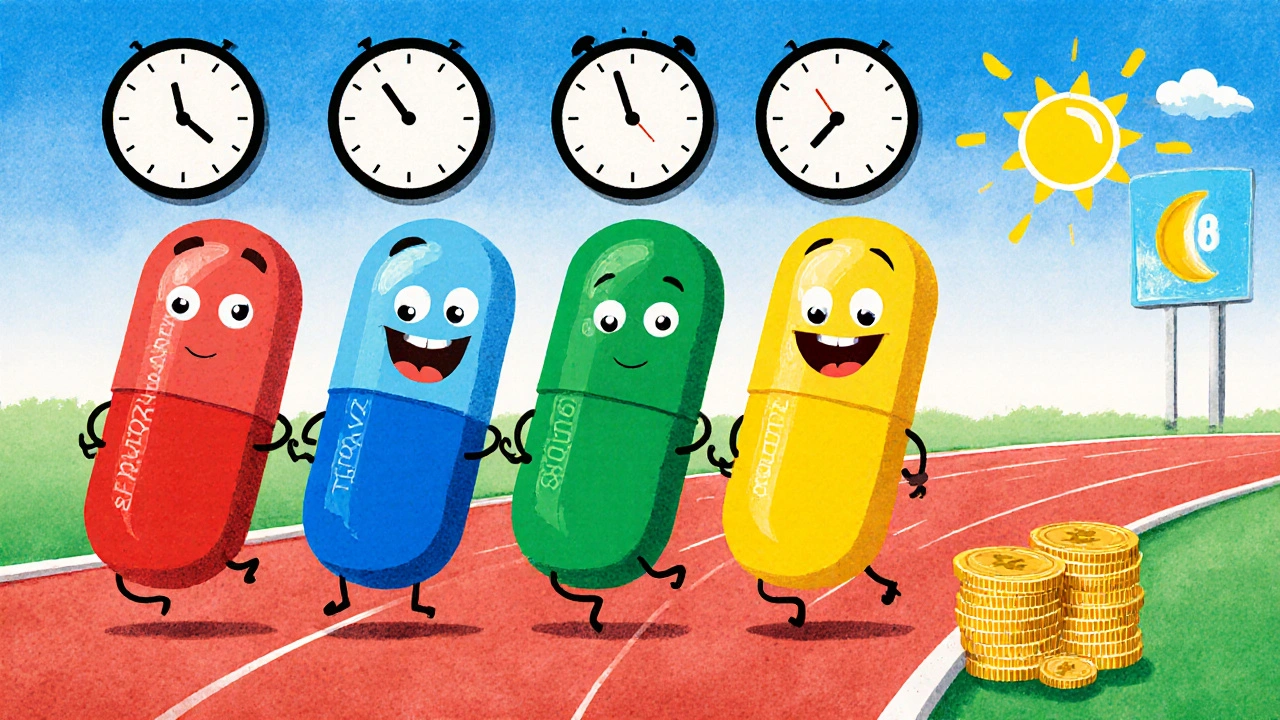 Cartoon pills racing on a track with clocks and coins.