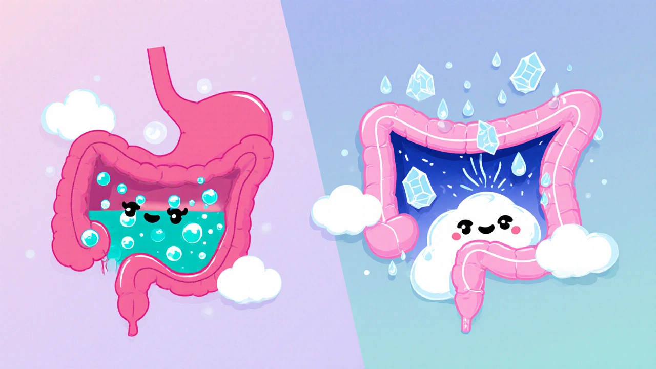 Cartoon split view of stomach acid neutralized and intestine drawing water with magnesium particles.