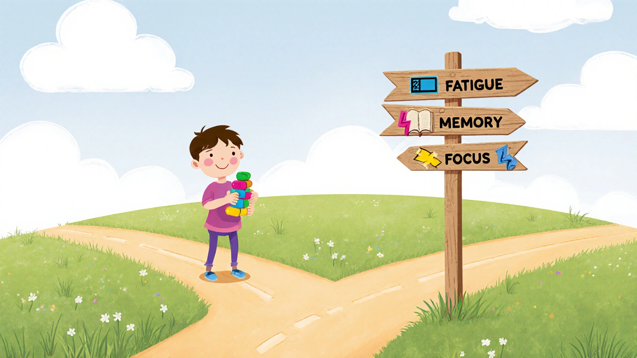 Child at a meadow crossroads with arrow icons for fatigue, memory, and focus holding mixed capsules.