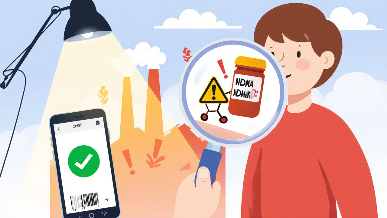 Child examining a pill bottle with a magnifying glass, showing NDMA molecule and phone barcode scanner.