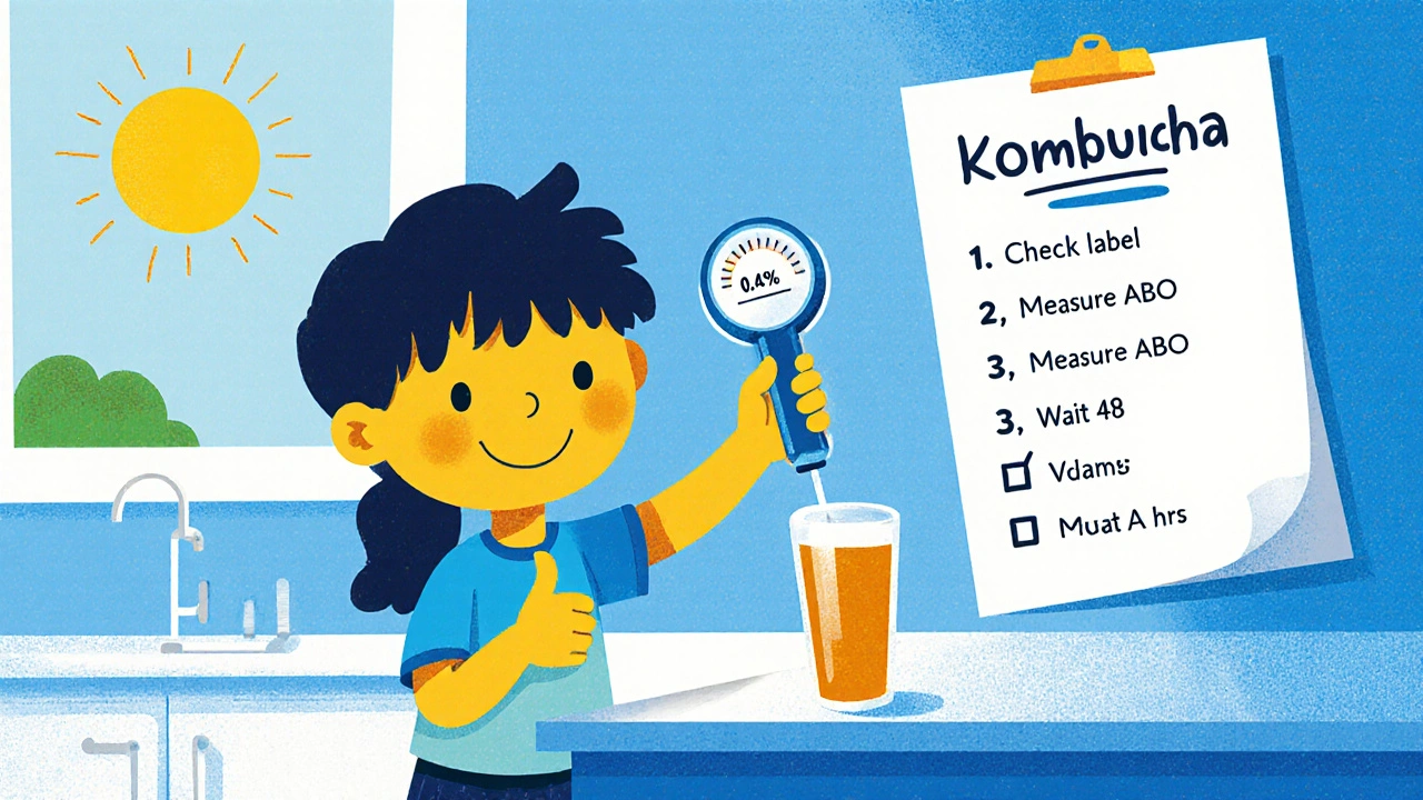 Child using an alcoholmeter to test kombucha, with a checklist and thumbs‑up.