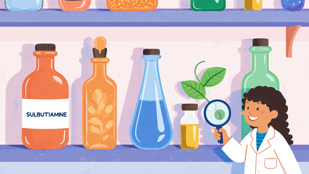 Colorful shelf of seven distinct nootropic bottles and a child scientist with a magnifying glass.