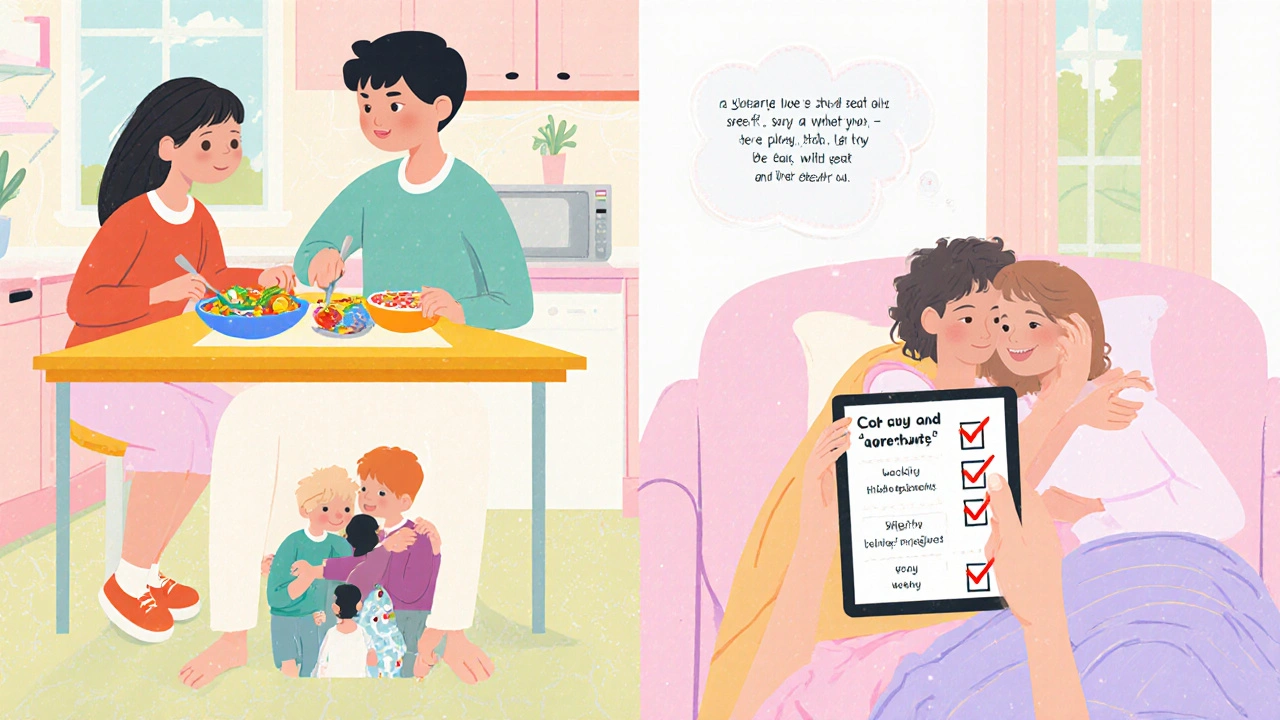 Couple cooking together, watching TV, and checking a relationship checklist.