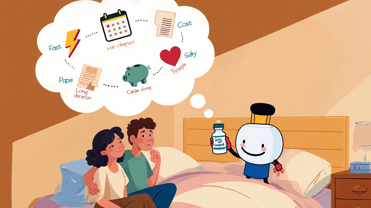 Couple with thought bubble showing speed, duration, cost, and safety icons.