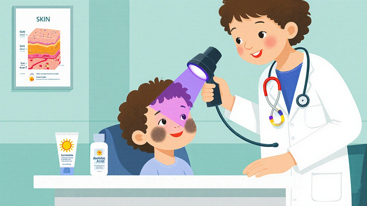 Dermatologist using Wood's lamp on child's face with sunscreen and cream nearby.