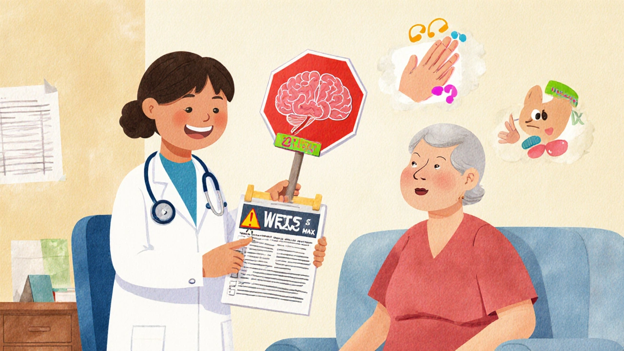 Doctor and patient in clinic, warning sign with brain and moving lips, safe use chart in hand.