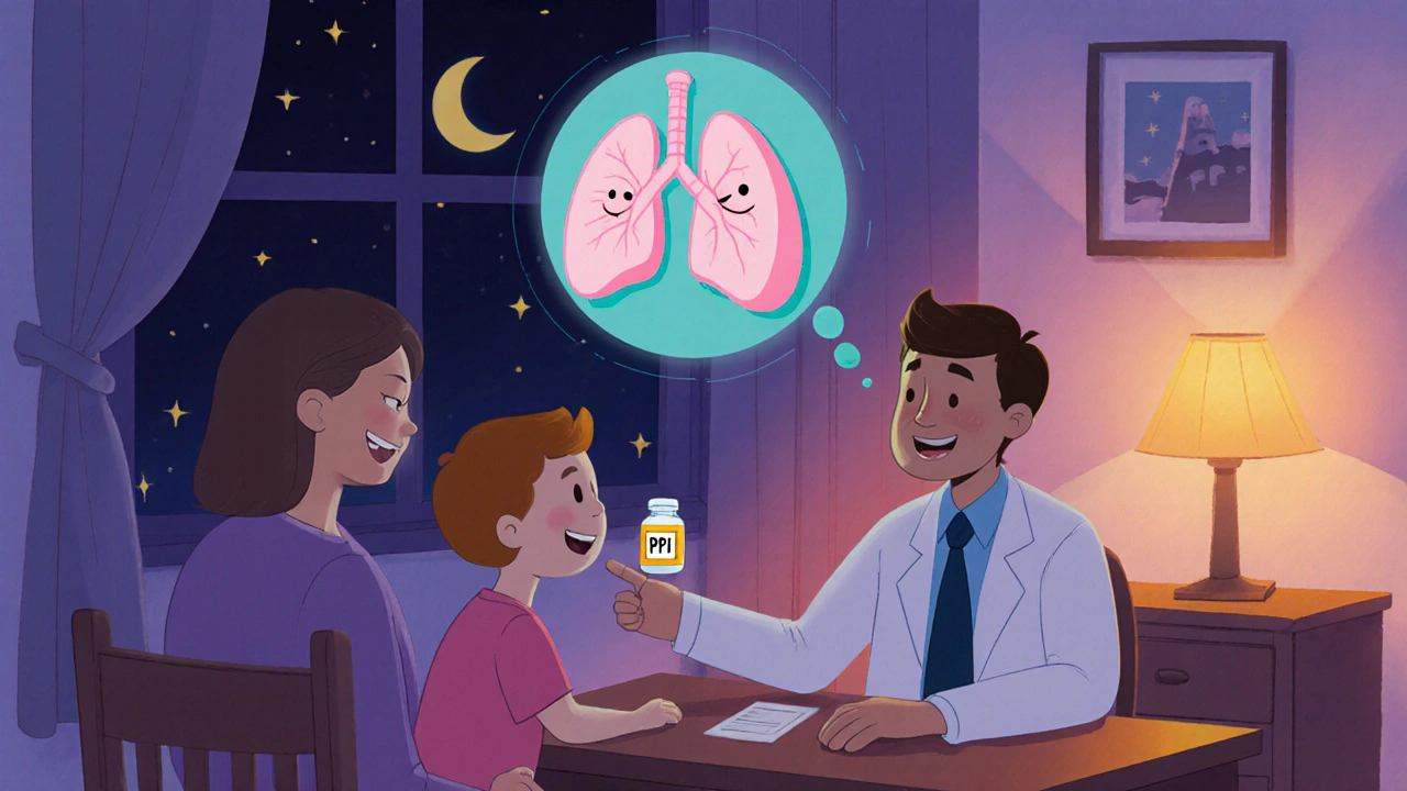 Doctor, child, and parent discuss medication, with a happy lung and PPI bottle in a cozy room.