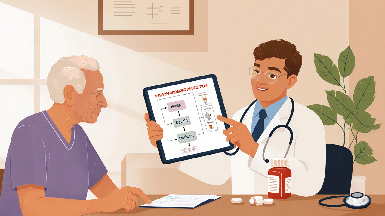 Doctor consulting an elderly patient, pointing at a pill bottle for safe NSAID choice.
