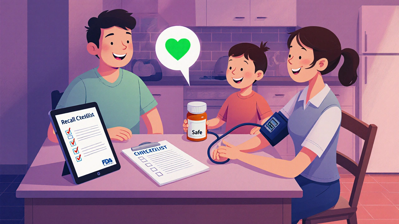 Family at a kitchen table checking a recall checklist, measuring blood pressure, and seeing an alert.