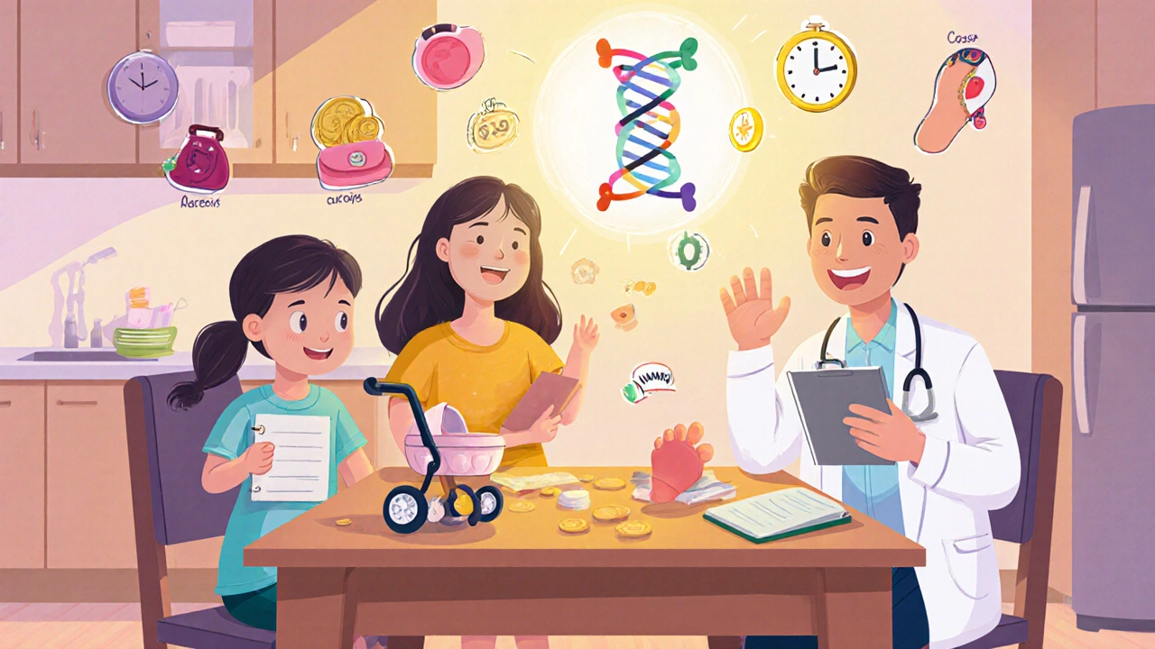 Family at a table with icons for pregnancy, cost, monitoring, and ulcers; child holds diary, DNA helix glows.