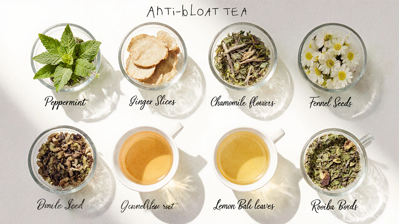 Flat‑lay of eight herbal teas in bowls with teacups and brewing notes.