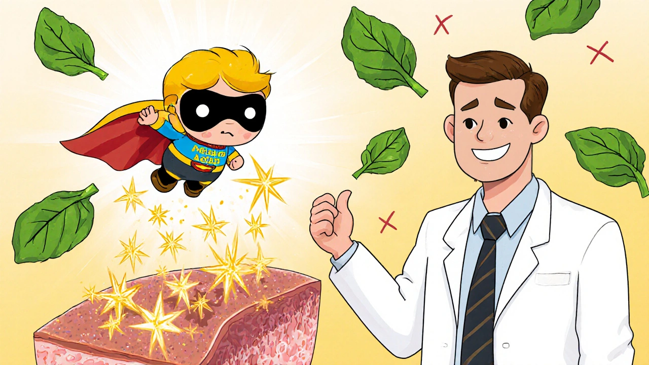 Folic Acid superhero dropping golden healing sparkles into body cells while methotrexate watches approvingly.