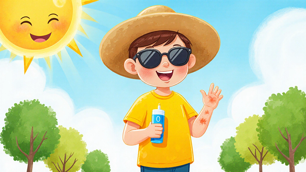 Happy child wearing hat and sunscreen, skin clear, enjoying a sunny park.