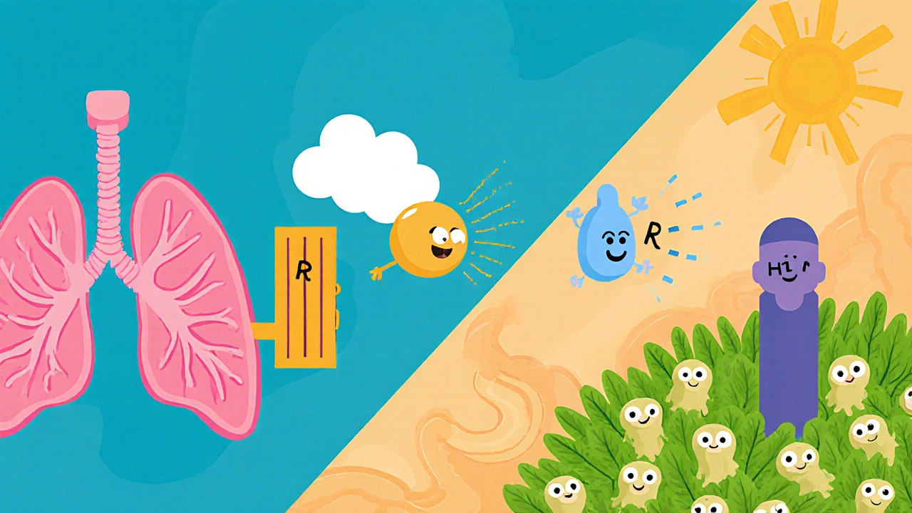 Histamine ball moves toward open H1 gate with closed H2 gate, beside a garden of smiling bacteria.