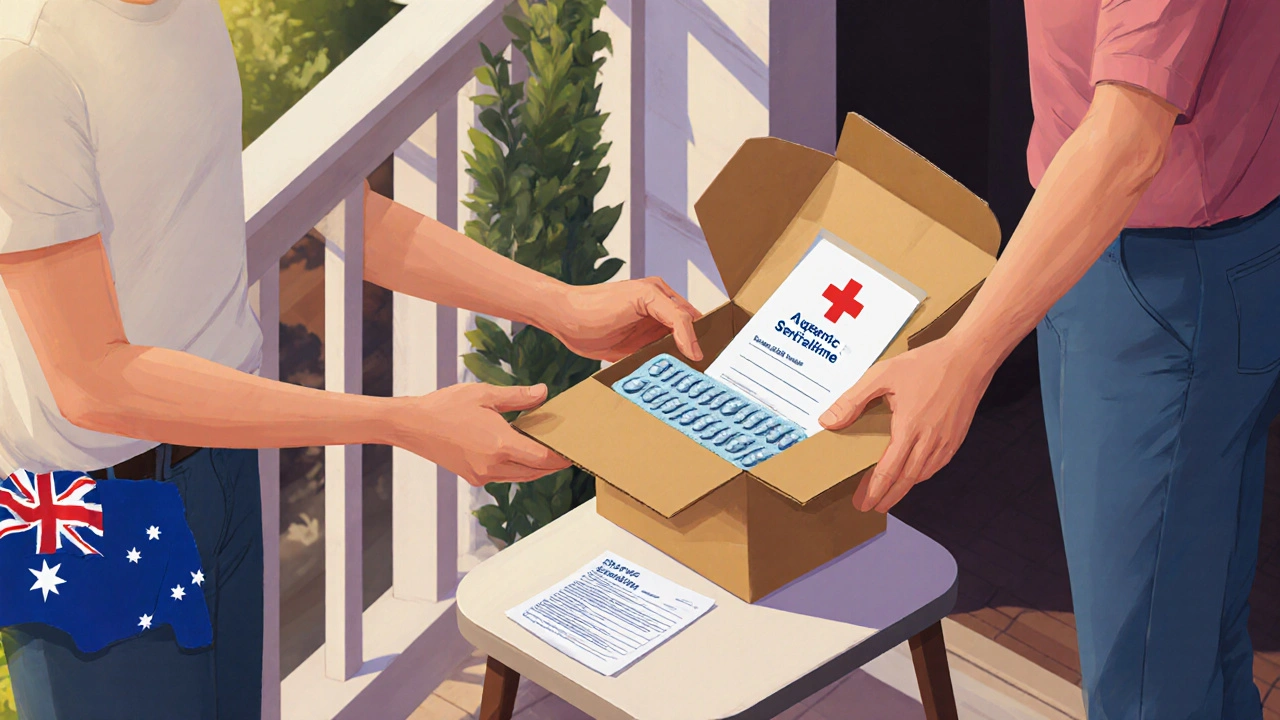Homeowner receiving a medication box at the door and inspecting its contents.