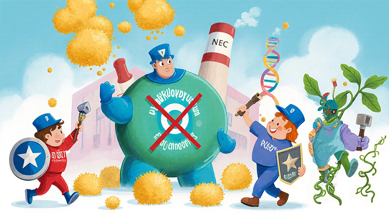 Hydroxyurea hero blocks a factory enzyme while fetal hemoglobin sprites rise, with other drug characters nearby.