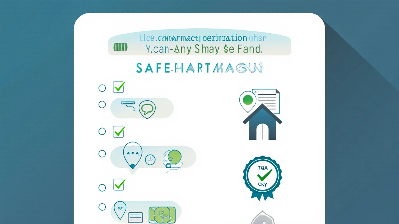 Illustrated checklist showing steps to verify a safe online pharmacy.