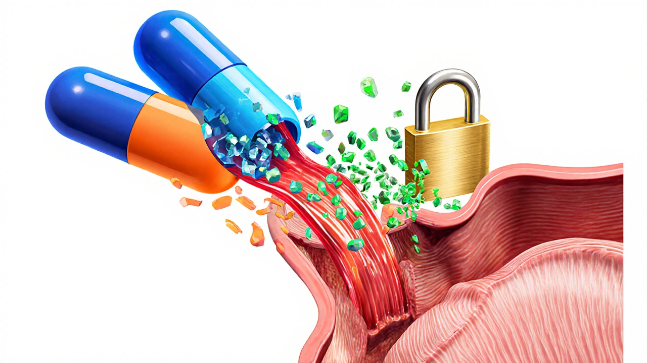 Illustration of Silvitra pills releasing molecules that block PDE5, causing blood flow in penile tissue.
