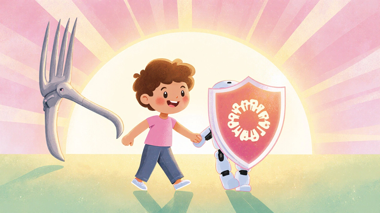 Joyful child holding an immunotherapy shield walks past a scalpel under sunrise.
