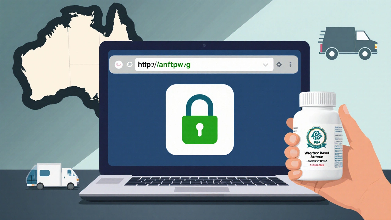 Laptop showing secure padlock icon beside a generic pill bottle and delivery truck hint.