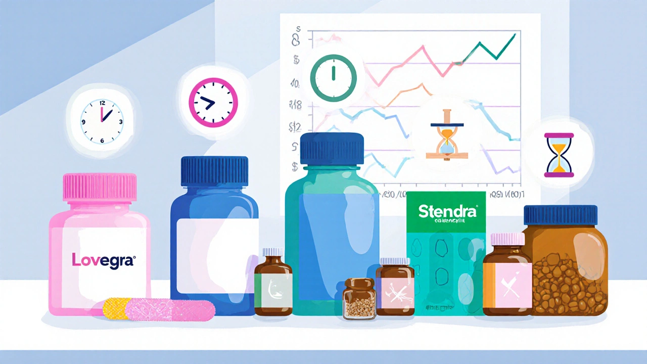Lineup of Lovegra, generic sildenafil, Cialis, Levitra, Streda, and herbal supplements with onset and duration icons.