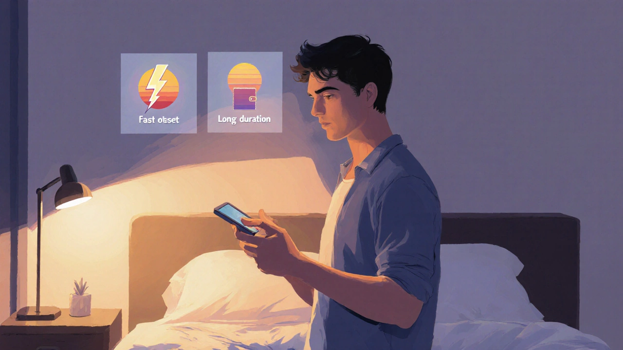 Man holding a tablet in a bedroom with icons for speed, duration, and cost in the background.
