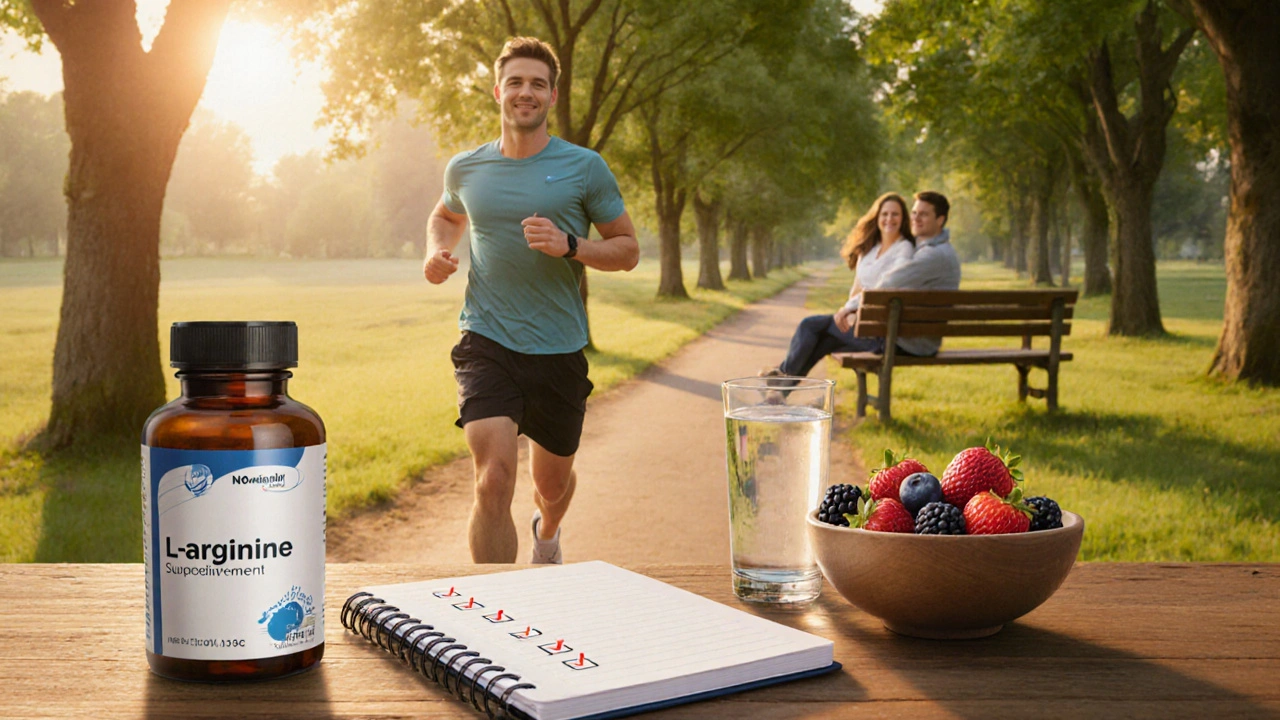 Man jogging at sunrise beside L‑arginine supplement, with a happy couple in the background.