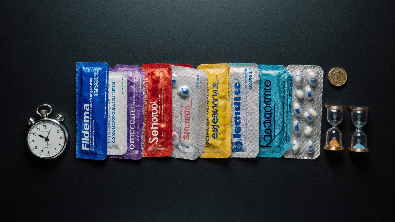 Overhead view of blister packs of different ED pills with a stopwatch, hourglass, and coin beside each.