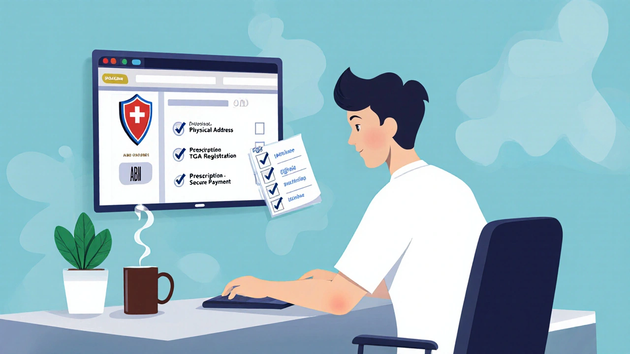 Person checking an online pharmacy checklist on a laptop.