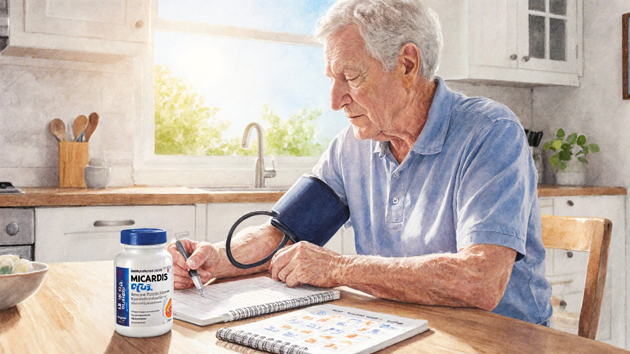 Person measuring blood pressure at home with a Micardis Plus bottle nearby.