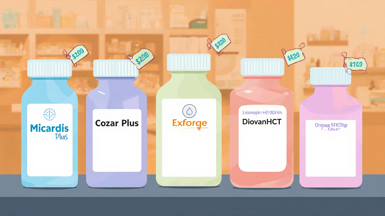 Pharmacy shelf showing Micardis Plus and alternative hypertension medicines.
