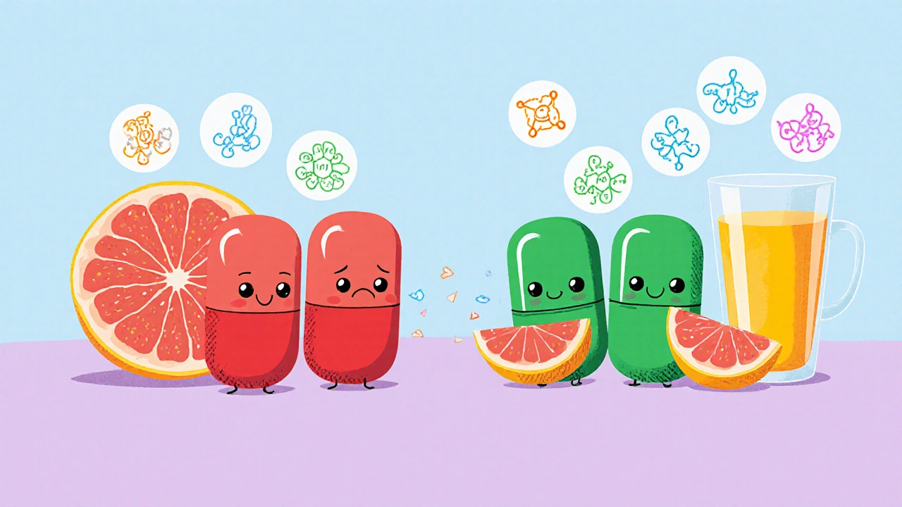 Red statin pills hiding from grapefruit while green statins happily eat it beside orange juice.