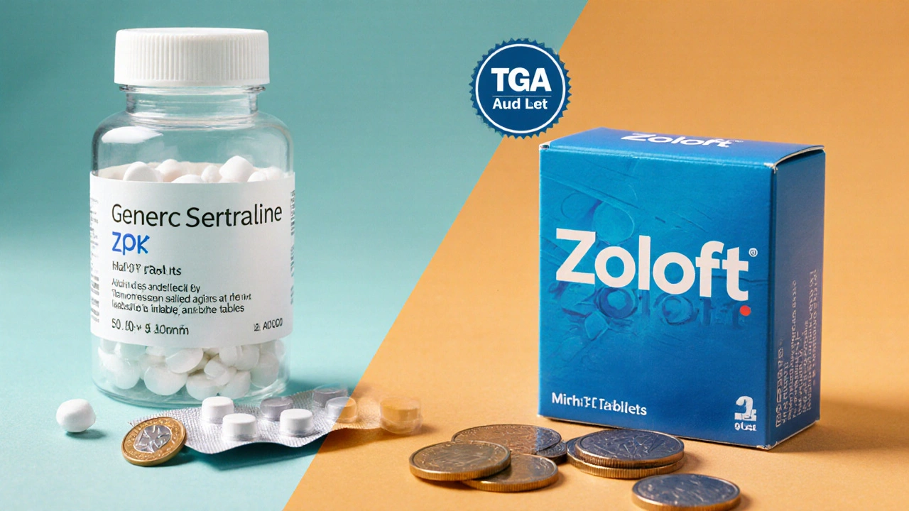 Side‑by‑side view of cheap generic sertraline pack and pricier branded Zoloft box with coins.