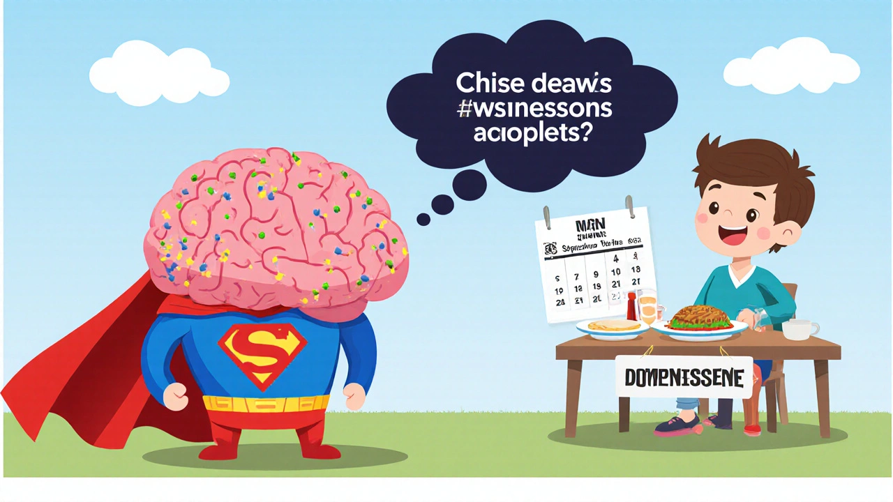Superhero brain protected by domperidone from dark cloud, patient eating safely with small meals.