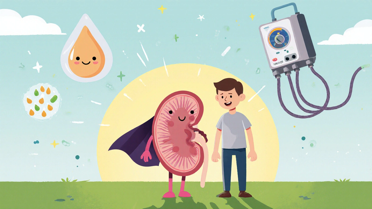 Superhero kidney with cape beside a tired adult, surrounded by hormone and dialysis icons.
