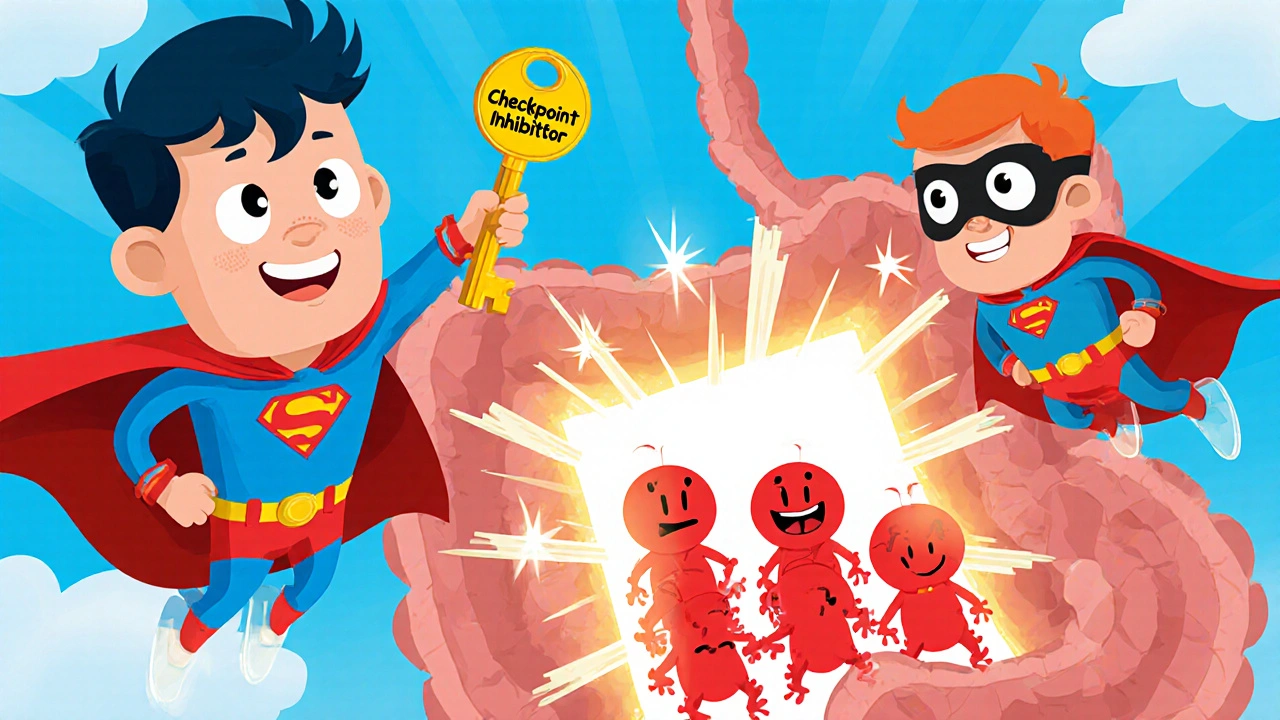 Superhero T‑cells with capes battle cartoon polyps, unlocking them with a key.