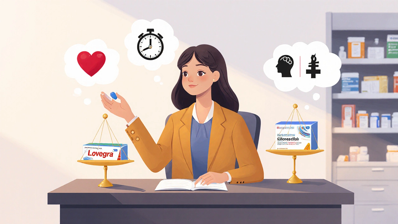 Woman discussing Lovegra and generic sildenafil with doctor, scale showing heart and dollar icons.
