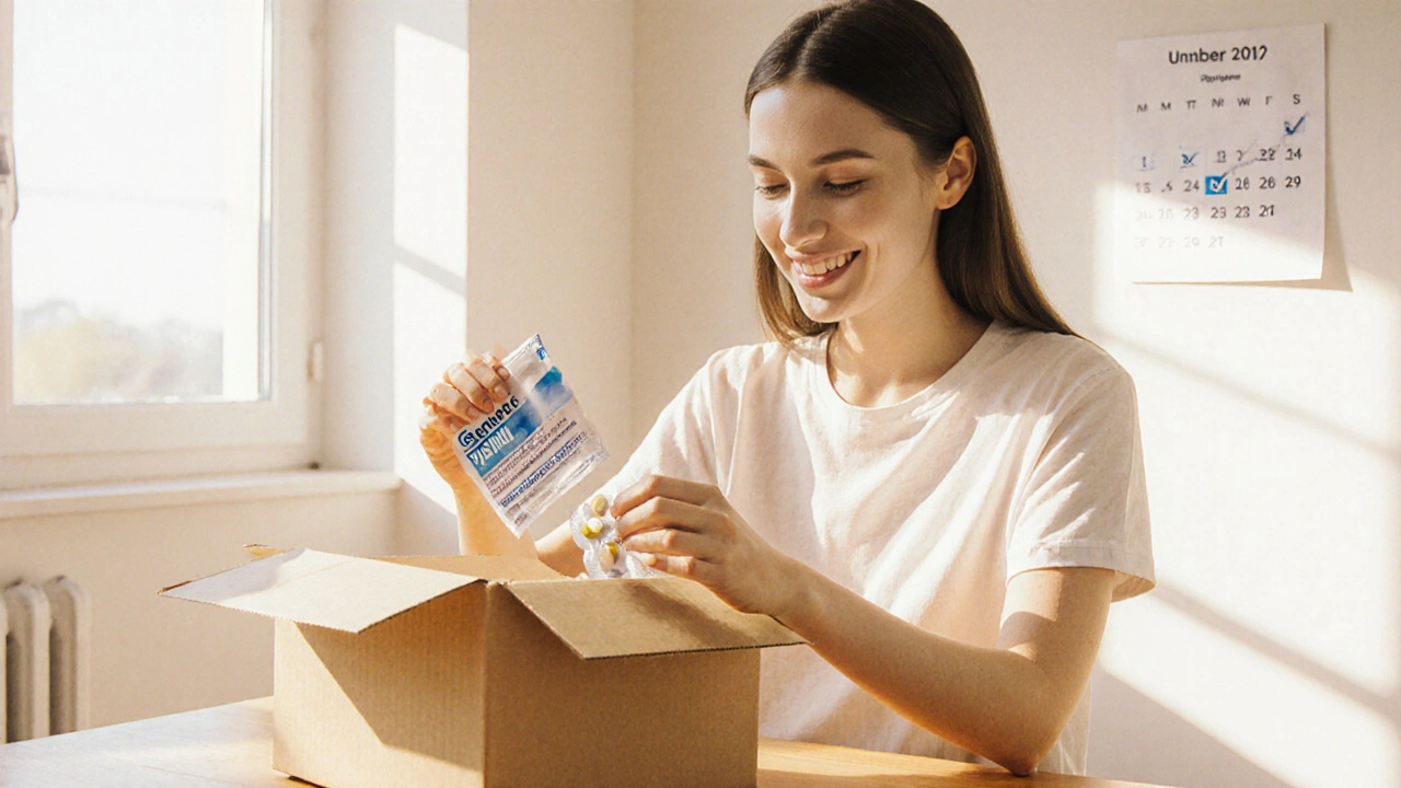 Woman opening a package and checking a sealed blister pack of generic Yasmin.