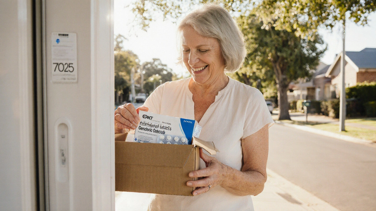 Woman receives a sealed package containing generic celecoxib tablets at her doorstep.