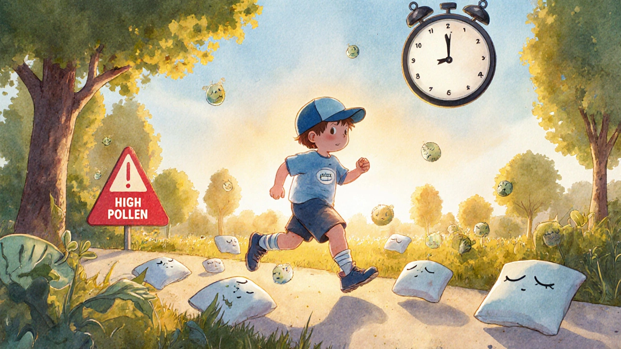 A boy runs at sunrise as pollen grains sleep peacefully under leaves, with a warning glow in the distance.