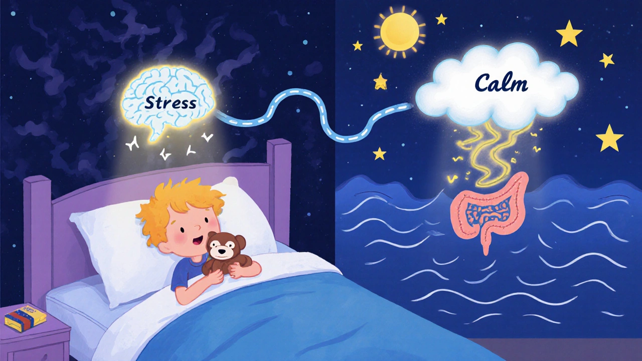 A child at night with glowing brain and gut connected, showing stress and calm.