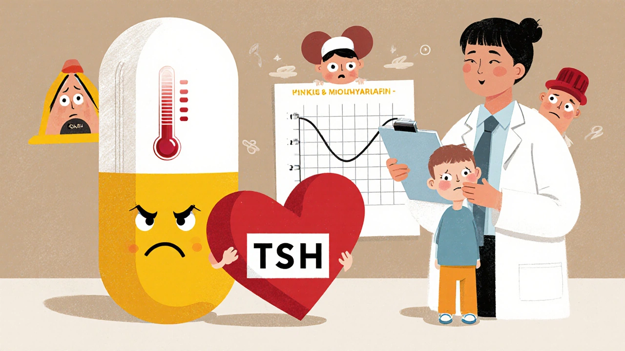 A child beside a worried levothyroxine pill with a rising thermometer, symbolizing thyroid level changes.