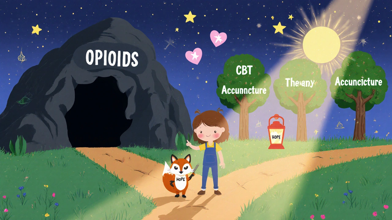 A child chooses a hopeful path to a sunlit garden, guided by a fox holding a lantern labeled &#039;Hope&#039;.