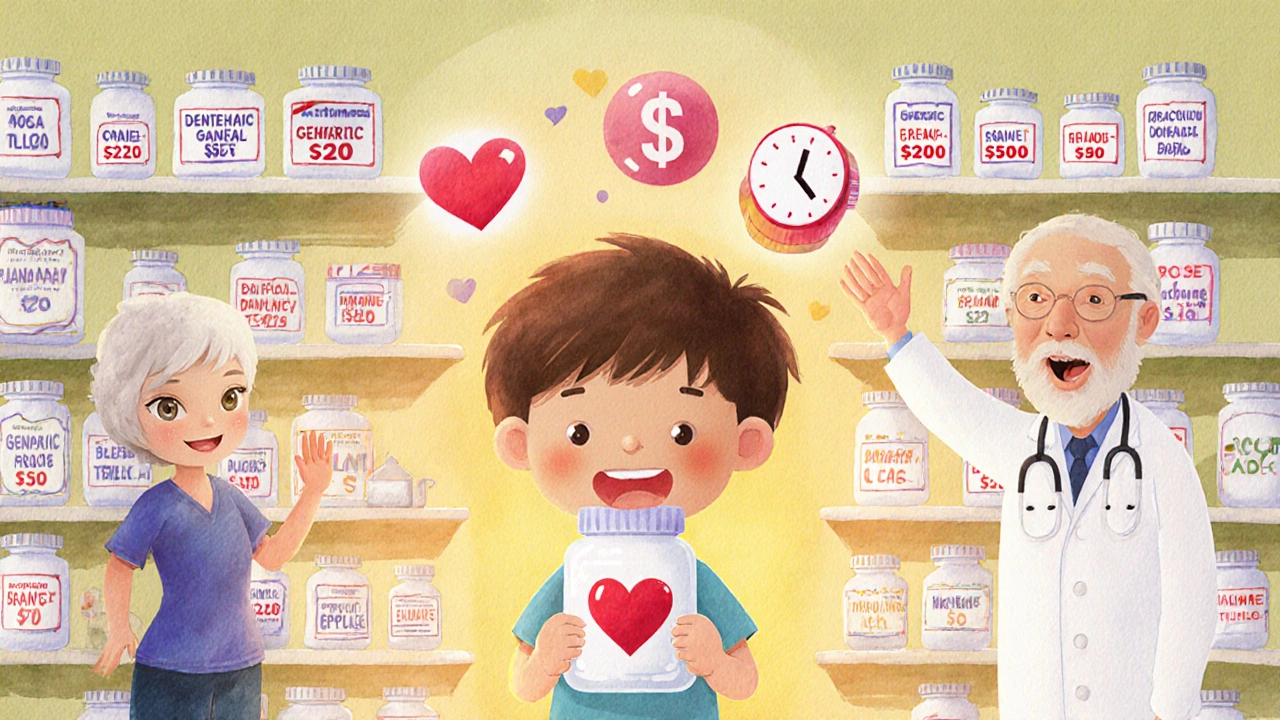 A child holds a generic pill bottle next to a pharmacy shelf where most drugs are cheap, while a doctor and elderly person smile nearby.
