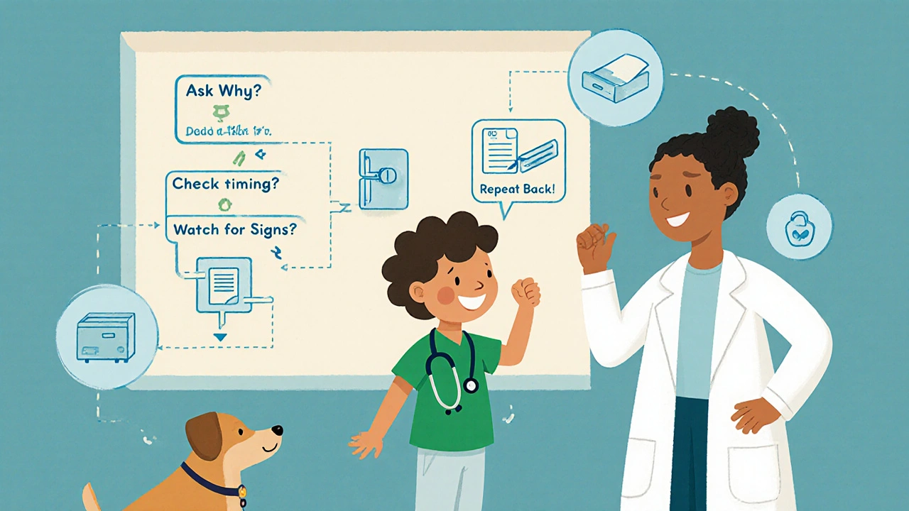 A child repeats medication instructions to a pharmacist while a flowchart and safety icons appear in the background.