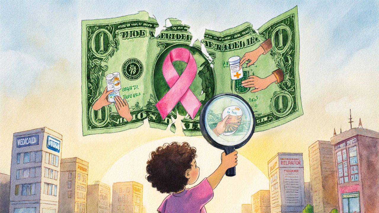 A child using a magnifying glass to find hidden support under a crumbling cancer ribbon bill.